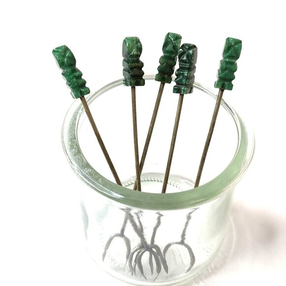 Vintage Jade or Malachite Cocktail Picks Set of 5 – Carved Stone Cocktail Picks - Picture 1 of 7